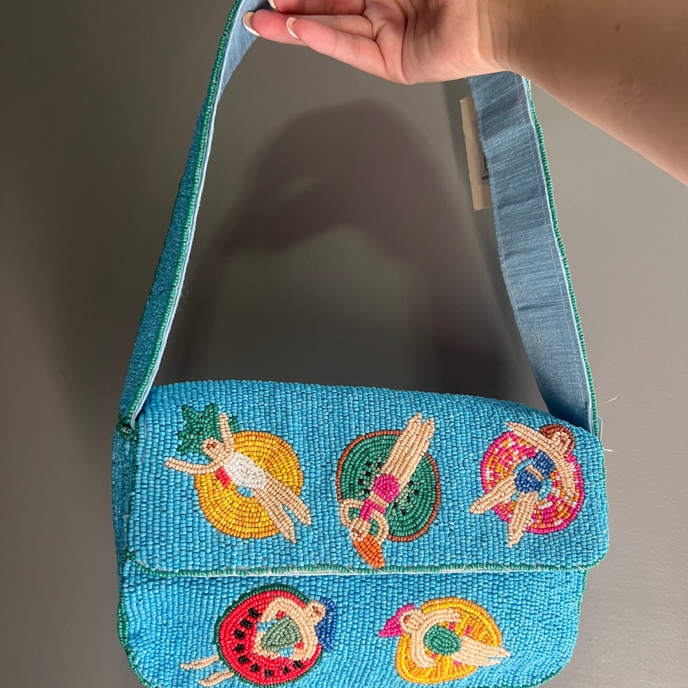 Beaded Turquoise Crossbody Bag with Swim Motif - Picture 2 of 3